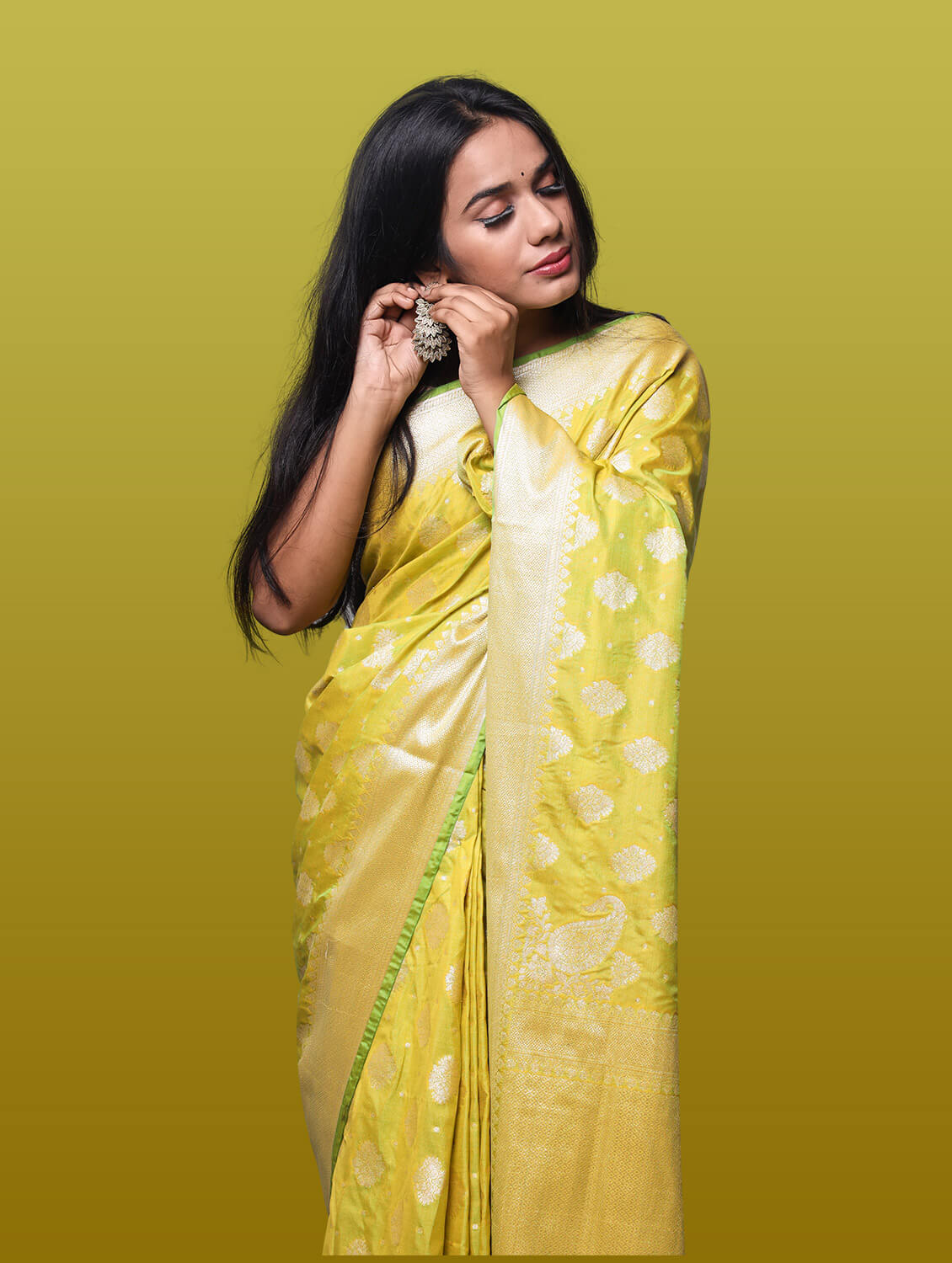 Lemon Green Pure Soft Satin Silk Banarasi Handloom Saree - Tilfi