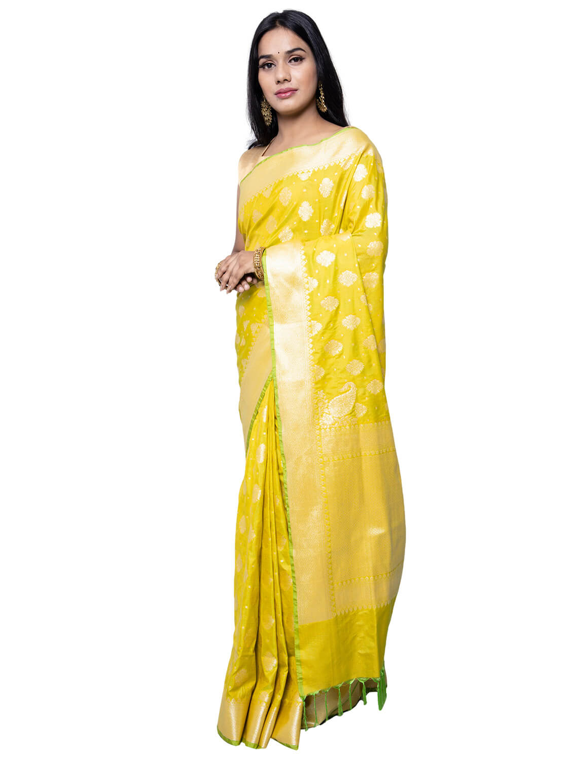 Silkfab Women Banarasi Silk Saree  Khaddi Floral Konia Lemon Yellow - SILKFAB